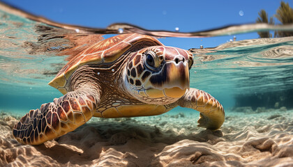 Wall Mural - Underwater turtle swimming in blue sea, surrounded by colorful fish generated by AI