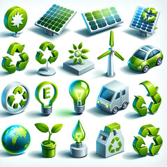 Canvas Print - collection of 3D vector icons, each symbolizing different aspects of green energy and environmental sustainability. The set includes