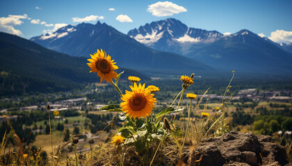 Canvas Print - Sunflower meadow, yellow petals, green grass, blue sky, nature beauty generated by AI