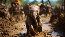 African Elephant Walking In Mud, Playful And Cute Generated By AI
