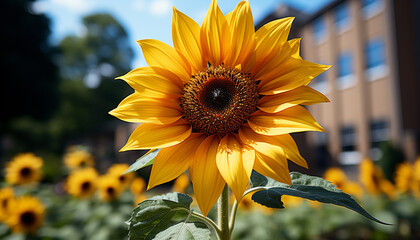 Wall Mural - Yellow sunflower in nature, close up of vibrant petals and green leaves generated by AI