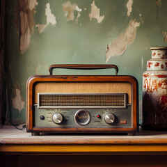 Sticker - A vintage radio on a weathered wooden shelf.