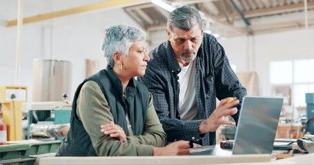 Aufkleber - Woodwork, people and carpenter with laptop in workshop manufacturing or engineering project. Planning, teamwork or mature workers in warehouse for talking or speaking of building timber production