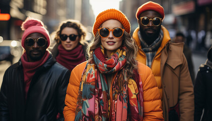 Wall Mural - A group of friends enjoying autumn in the city generated by AI