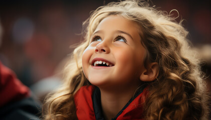 Canvas Print - Smiling child, cheerful happiness, cute girl playing outdoors generated by AI