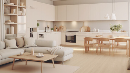 interior design spacious bright studio apartment in Scandinavian style and warm pastel white and beige colors. trendy furniture in the living area and modern details in the kitchen area