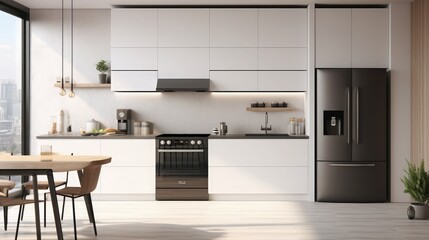 Wall Mural - Panorama of white open kitchen with black fridge and built-in modern cabinets