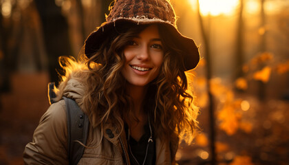 Sticker - Smiling young woman enjoying nature in autumn forest generated by AI