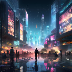 Wall Mural - Dystopian cityscape with floating advertising holograms