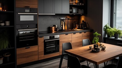 Wall Mural - Small kitchen with nice decor, wooden furniture black details and decorations