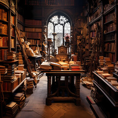 Canvas Print - Old bookstore with dusty shelves and leather-bound books