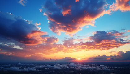 Poster - Vibrant sunset sky, nature beauty, tranquil scene, panoramic horizon generated by AI