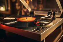 Retro Vinyl Record Player. Vintage Nostalgia Concept. Background With Selective Focus And Copy Space