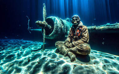 Wall Mural - The ghostly remains of a World War 2 pilot dressed in his uniform sits near a barnacle-encrusted WW2 fighter airplane which rests on the bottom of the sea 