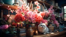 Cute Cat Sitting On The Bookshelf With A Bouquet Of Flowers