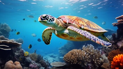 Realistic photo of a turtle in the sea with a beautiful coral reef background. generative ai