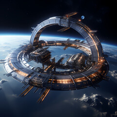 Poster - A futuristic space station in orbit.