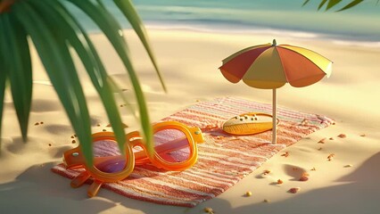 Wall Mural - A pair of sungles are seen sun on a beach towel complete with sungles tan lines and a tiny beach umbrella in this comical animation.