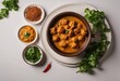 brown Top curry background Isolated view pakora white bowl