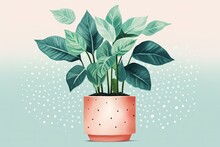 Pencil Drawing House Plant Potted With Polka Dots On Blue Background. Abstract Watercolor Painting, Dark Green And White Craft, Illustration Wall Art, Wallpaper Background