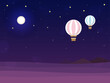 夜空を飛ぶ気球のベクターイラスト。コピースペースがある旅行のイラストで、ビジネスやチラシに使える夜間飛行の風景。