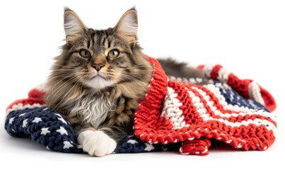 Canvas Print - A cat is sitting on a blanket with an american flag on it. Generative AI.