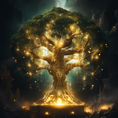 Wall Mural - Ancient tree with glowing symbols as leaves.