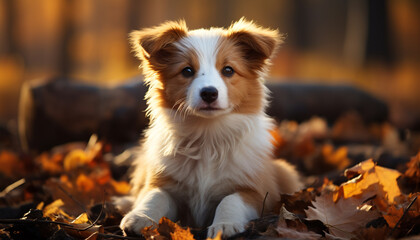 Canvas Print - Cute puppy playing in autumn forest, purebred dog happiness generated by AI