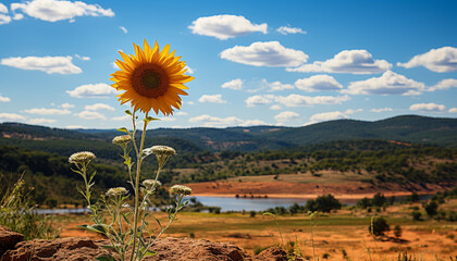 Poster - Tranquil meadow, sunflower blossom, blue sky, nature beauty in summer generated by AI