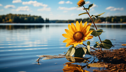 Wall Mural - Sunflower in meadow, reflecting in pond, surrounded by vibrant nature generated by AI