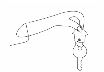 Wall Mural - Continuous line drawing. Hand holding car or apartment keys. Black lines on a white background.