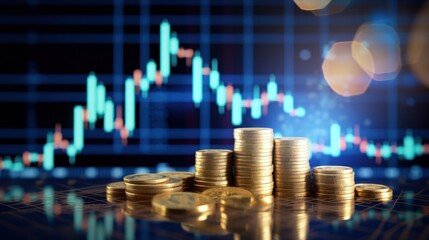 Poster - forex chart on blue bokeh grid background. Trade, money, 