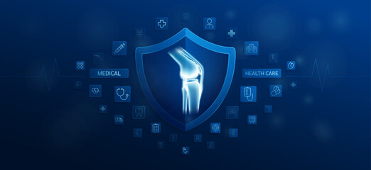 Medical health care. Knee joint bone inside shield and medical equipment tools. Doctor icon, symbol cross, stethoscope syringe and drug. Protect treat human organ healthy. Ads banner vector.