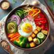 A colorful bowl of bibimbap made of vegetables and crispy tofu topped with a fried egg