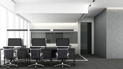Poster - Office, workplace in a modern office Interior design In gray tones with large windows on tall buildings and meeting room conference. It is being constructed in stop-motion format. 3d render animation