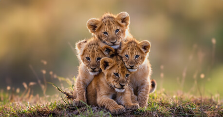 Wall Mural - lioness Tiger cubs playing, wild animals, nature, beautiful pictures, landscape pictures, background pictures, AI generated pictures