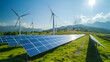 Solar panels and wind turbines generating renewable energy for green and sustainable future. banner,