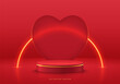 Realistic 3D red cylinder podium background with golden curve neon lighting on heart backdrop. Vector abstract geometric forms. Minimal scene mockup product stage showcase, Valentine promotion display