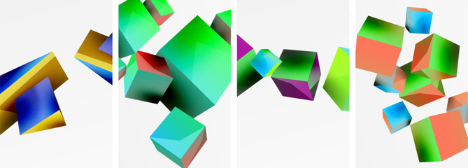 Poster - Flying 3d shapes, cubes and other geometric elements background design for wallpaper, business card, cover, poster, banner, brochure, header, website