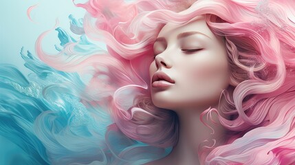 Wall Mural - Beautiful woman with long curly pink hair. Perfect makeup. Beauty, fashion