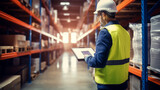 Fototapeta  - Male warehouse worker stands using laptop to check goods while working in warehouse, transportation industry concept. Logistics