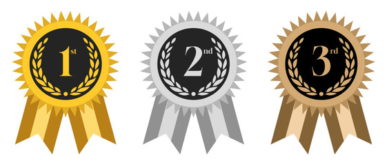 1st, 2nd and 3rd place champion pin badge vector. gold, silver and bronze