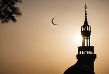 Religion Golden Orientation Silhouette Bright Symbol Islamic Sky Vertical Mosque Crescent Frame The Sun Top High Moslem Minaret