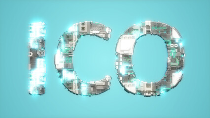 Poster - modern lighting cybernetical text ICO on blue background - abstract 3D illustration