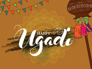 Poster - Happy Ugadi Celebration Concept with Gudhi Illustration on Olive Green Brush Effect Mandala Pattern Background.