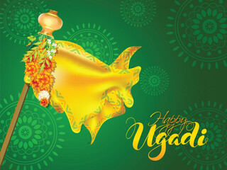 Sticker - Illustration of Shiny Yellow Cloth, Flower Garland, Neem Leaves and Kalash Pot on Green Mandala Floral Pattern Background for Happy Ugadi Festival Celebration Concept.