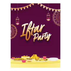 Sticker - Iftar Party Poster or Template Design with Delicious Meals on DIning Table and Illuminated Lamps Hang.