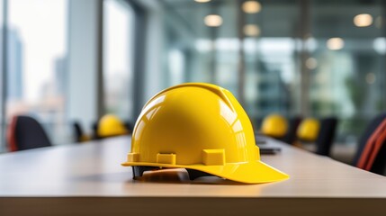 Wall Mural - Selective focus of yellow hard hat on desk in office Engineering team meeting background Architect contractor of real estate brokerage