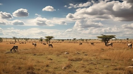  Large group of African animals Safari wild animals in the grassland, clear sky with clouds