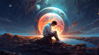 Young man looking down at the glowing little planet on the ground, digital art style